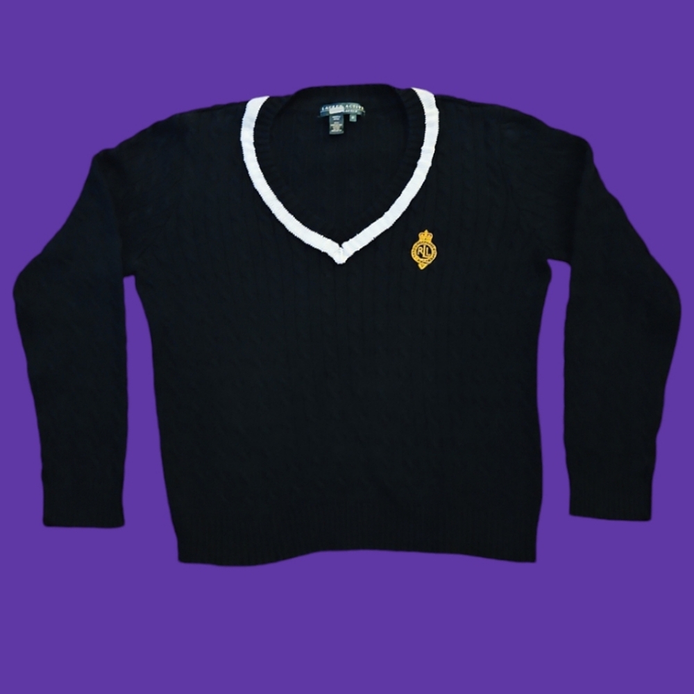 VTG RALPH LAUREN Active 1990s Navy Blue Varsity Logo V-Neck Cable Knit Sweater